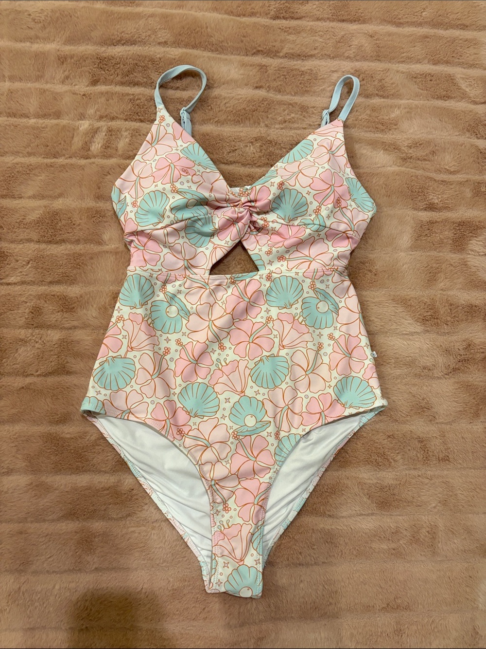 Caden Lane Pink & Light Blue Seashell One-Piece Swimsuit with Knot Detail Small